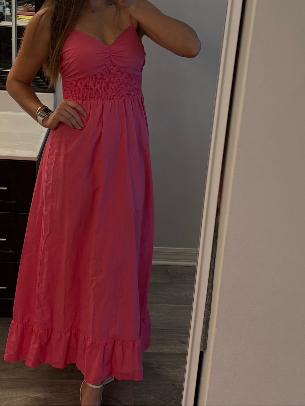 Steve Madden Hot Pink Smocked Maxi Dress with Ruffle Hem
